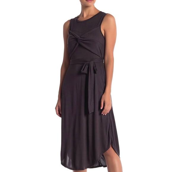 NWOT Dee Elly Charcoal Grey Twist Knot Front Midi Dress with Self Belt. Size M - Picture 1 of 10